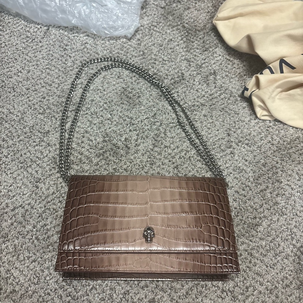 Alexander McQueen Calfskin Crocodile Embossed Skull Crossbody Bag Brown Ombré
